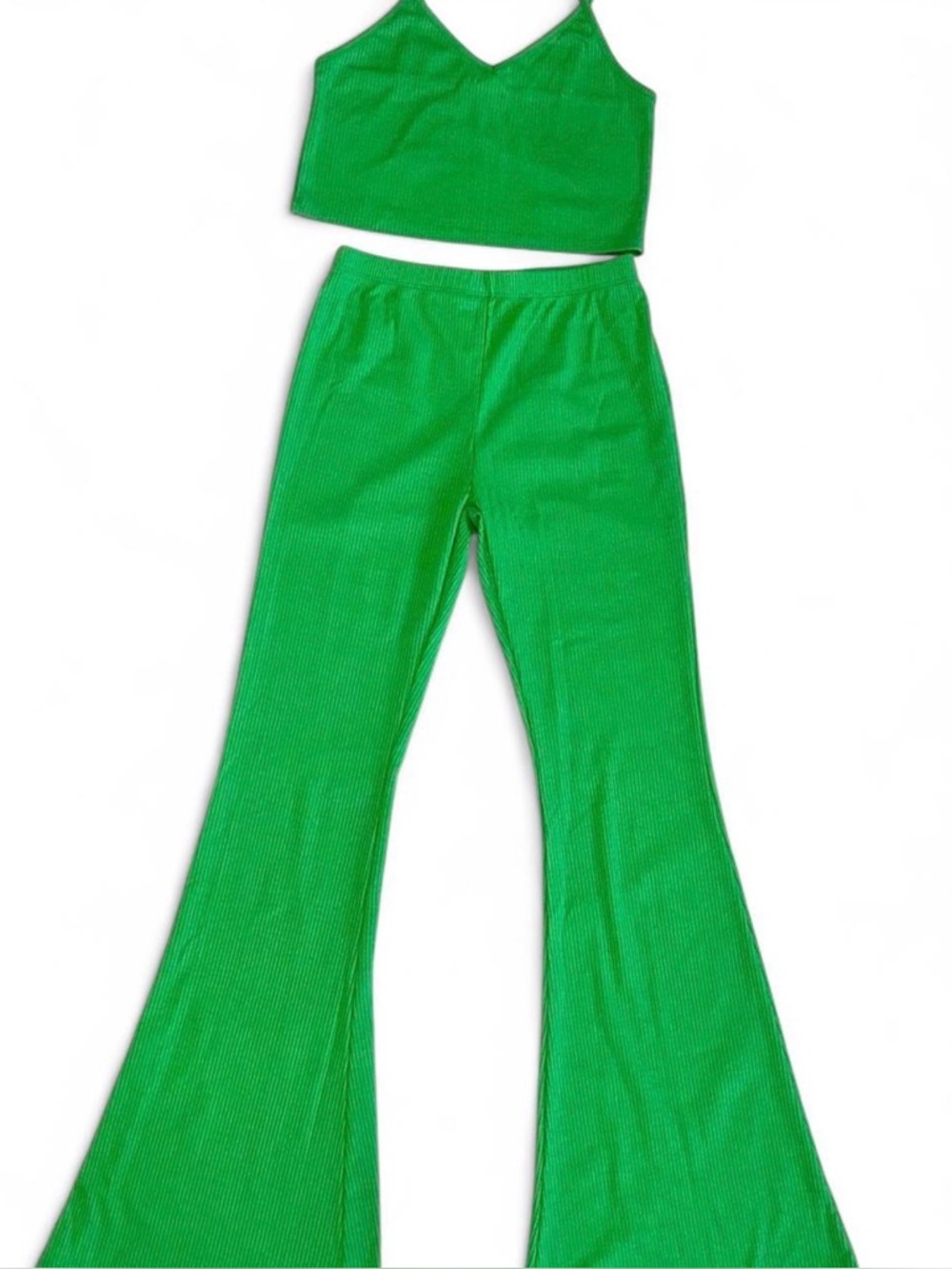 Green Ribbed Crop Top and Flare Pants